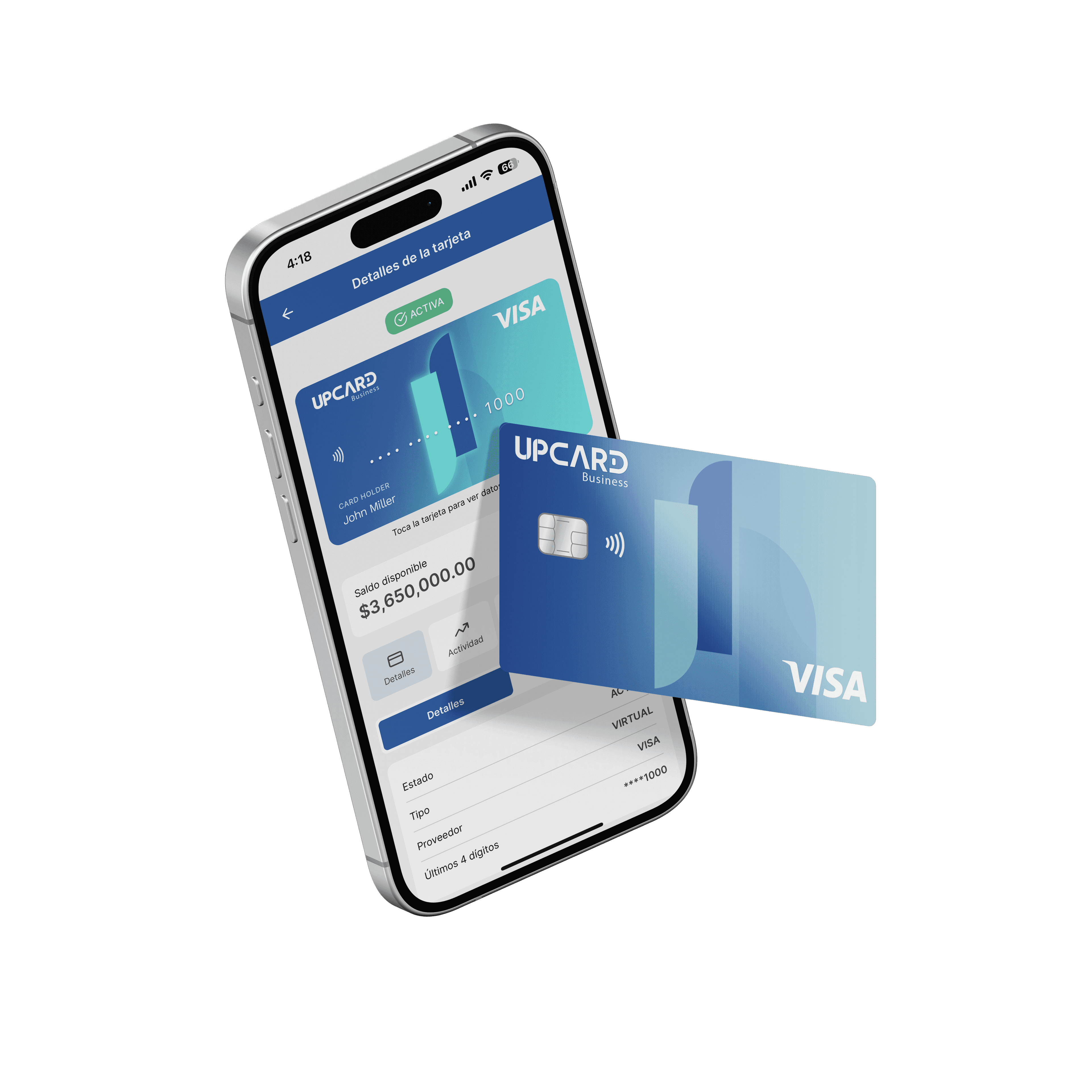 Mockup de la app Upcard mostrando saldo y transacciones